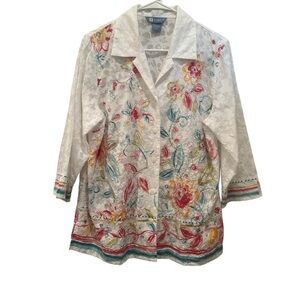 Koret White Blouse with Colorful Floral Design Mature Office Church Sz M